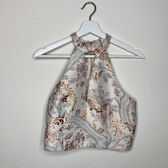 Express | Floral Jacquard Embroidered Halter Top | Silver - S - Picture 2 of 6